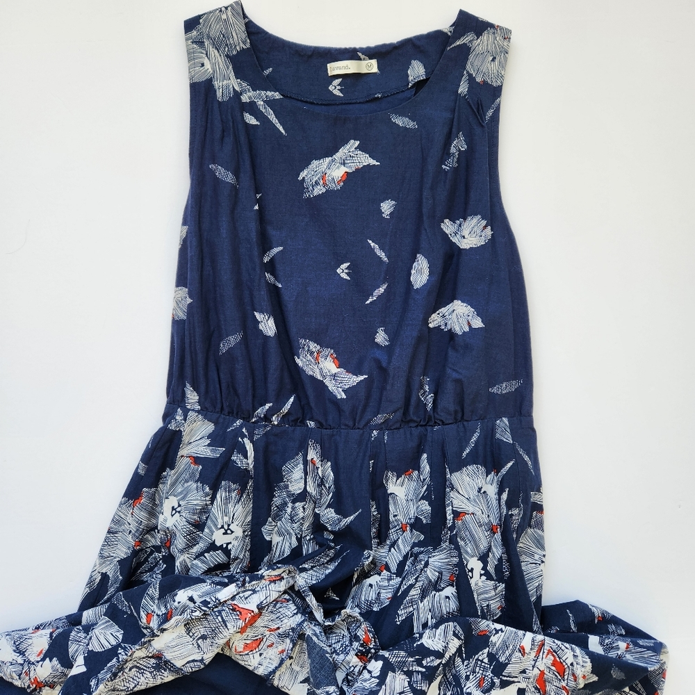 Lavand Navy Blue Dress White Orange Print Sleeveless Cutout Back Mini Medium - Picture 3 of 16